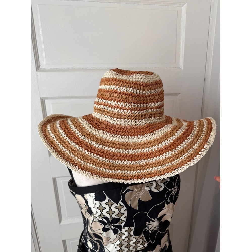 Laundry By Shelli Segal Wide Brim Floppy Sun Hat Striped Tan Cream Boho Beach
